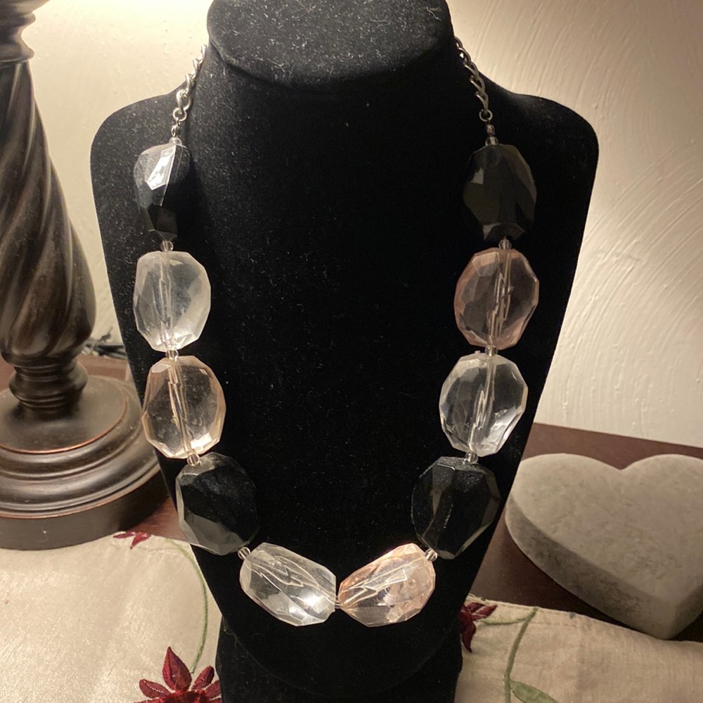10” Necklace of metal chain with large black, clear and light pink plastic beads